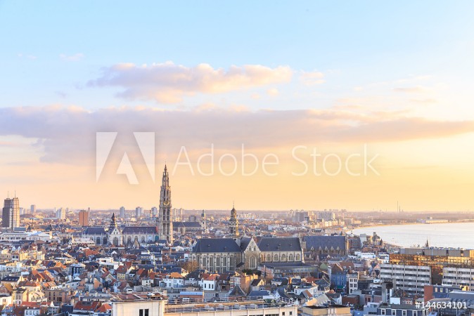 Slika View over Antwerp with cathedral of our lady taken